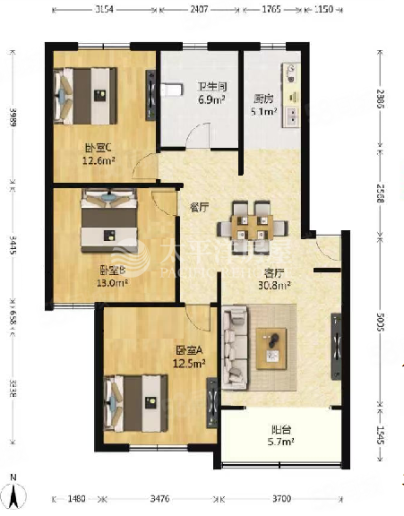 真源小区3室2厅1卫106.46㎡南500万