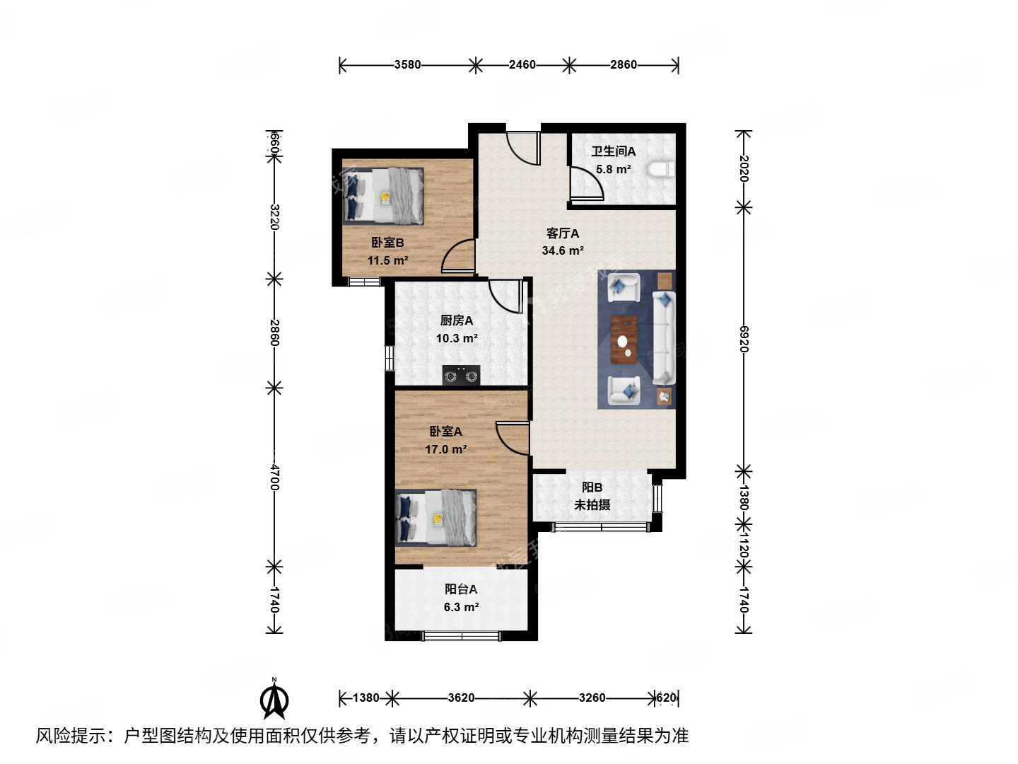 垡頭翠成馨園(D區(qū))2室1廳1衛(wèi)97.06㎡南309萬