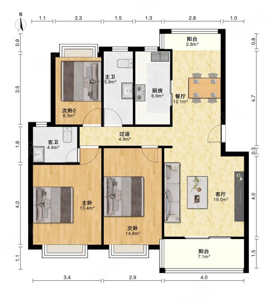 金嘉名筑3室2厅1卫86.75㎡南北71万