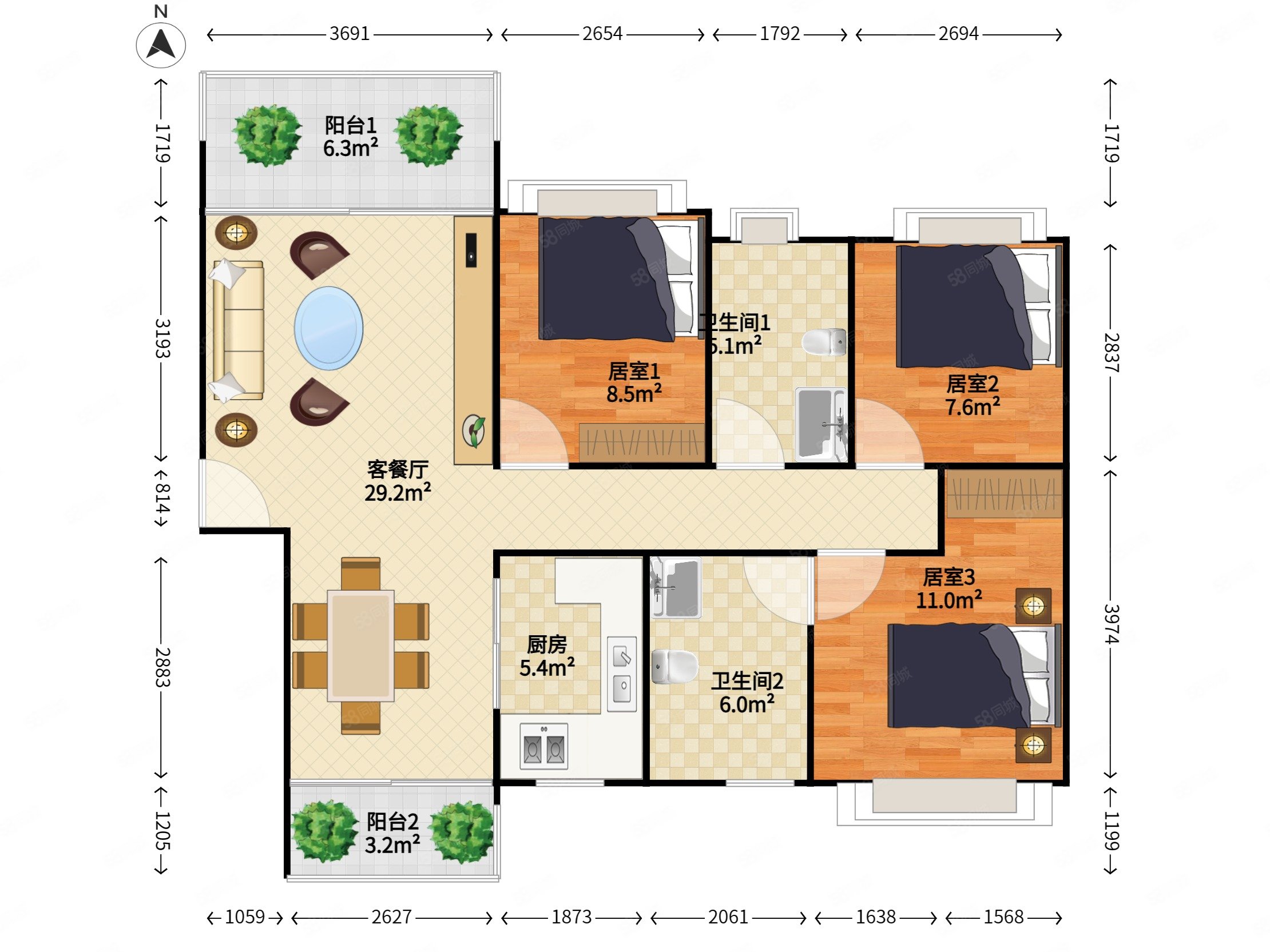 银湖蓝山润园3室2厅2卫115.43㎡南北1050万