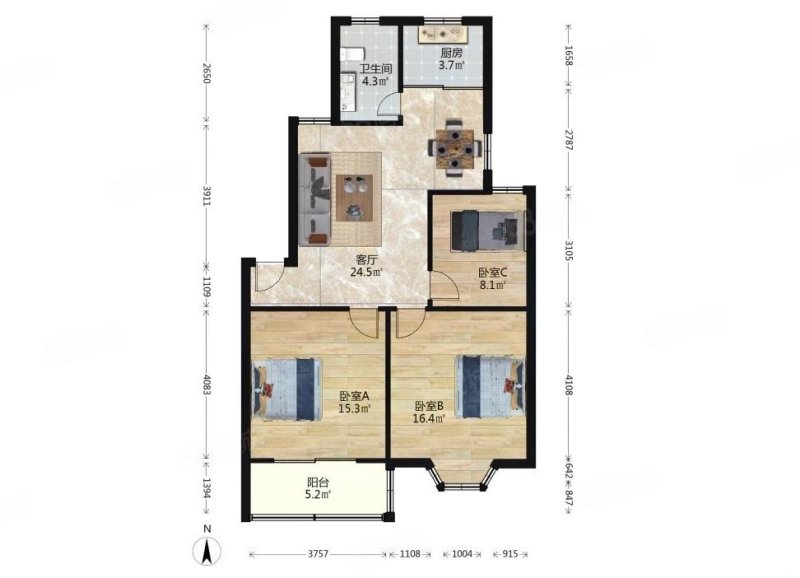 潭桥公寓北园3室2厅1卫90㎡南北156万