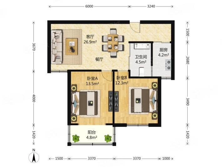 双和家苑2室2厅1卫60㎡南北102万