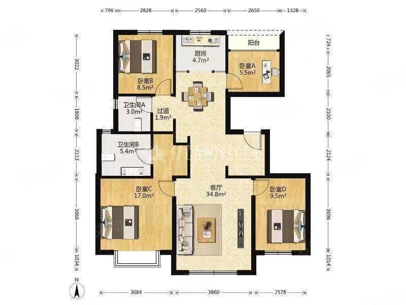 中国铁建花语金郡4室2厅2卫129㎡南北742万