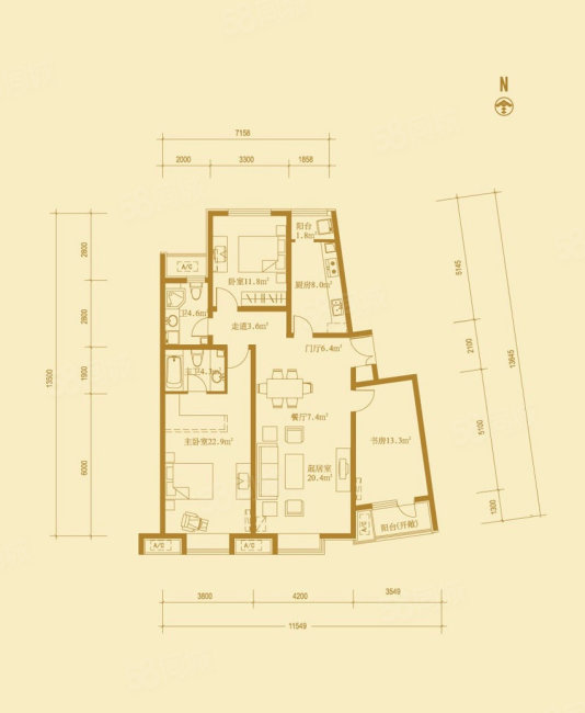 蓝调国际公馆3室2厅2卫152㎡南北1290万