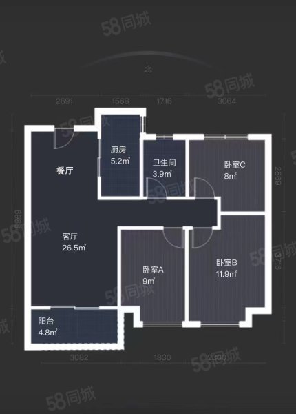 陶冲湖别院3室2厅1卫88㎡南165万