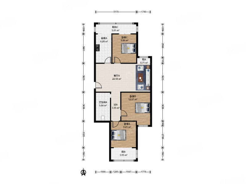 建西苑南里3室1厅1卫96.2㎡南北593万