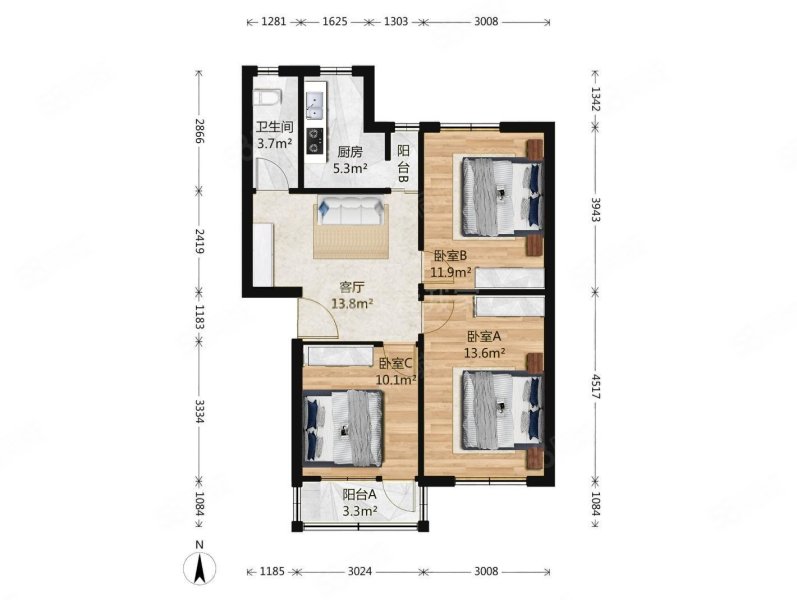 东辰小区3室1厅1卫86.86㎡南北438万