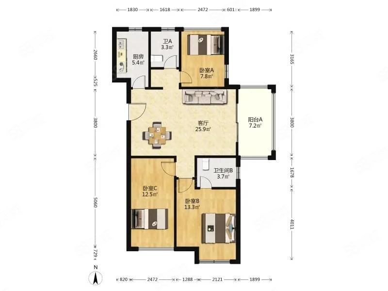 北城新境3室2厅2卫98.46㎡南北128万