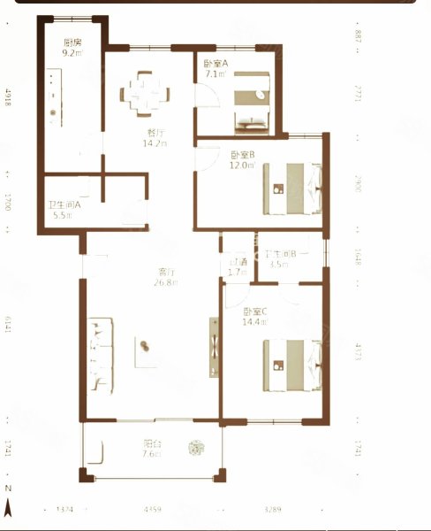 坤明园(公寓住宅)3室2厅2卫128㎡南北62万