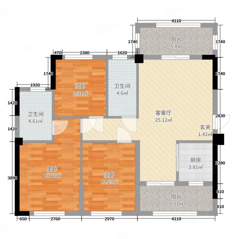 山水花园城3室2厅2卫113.47㎡南北135万