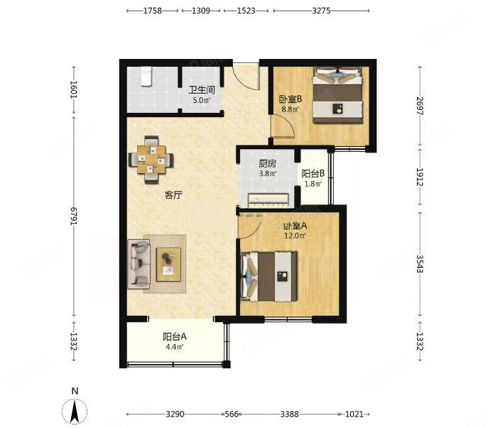定福家園南里1號院2室0廳0衛(wèi)91.13㎡南北280萬