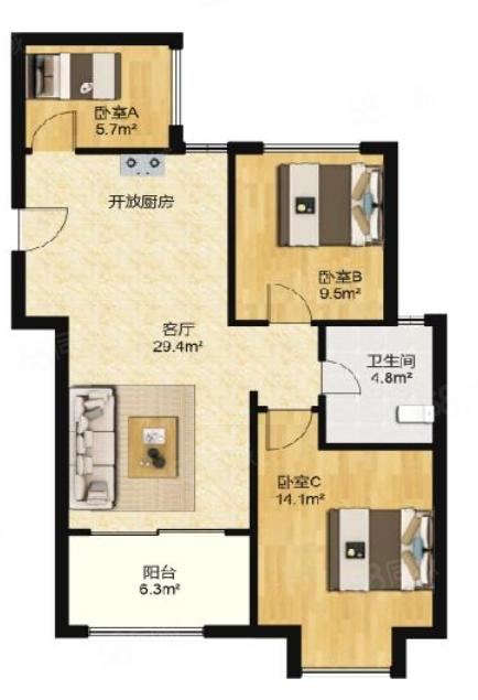 正荣幸福城邦3室2厅1卫86.75㎡南北155万