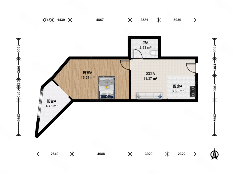 会城门小区1室1厅1卫46.4㎡西405万