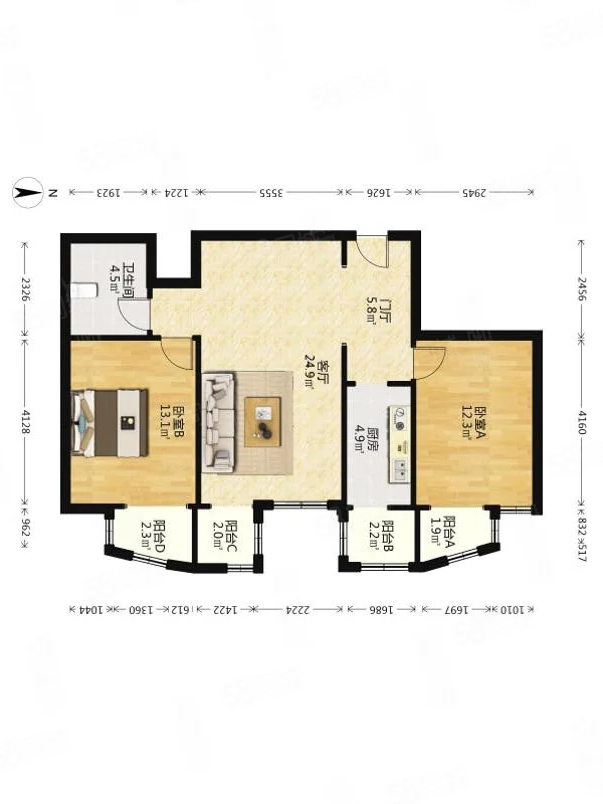 观景里2室2厅1卫95.53㎡南236万