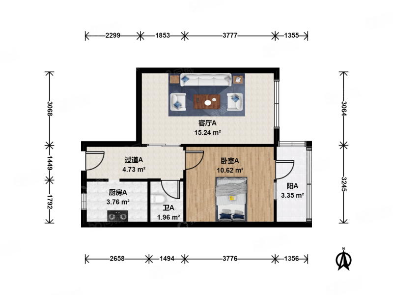 福东里1室1厅1卫54.4㎡东60万