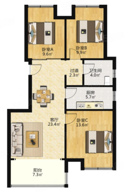 保利里院里(北区)3室2厅1卫90.41㎡南北235万