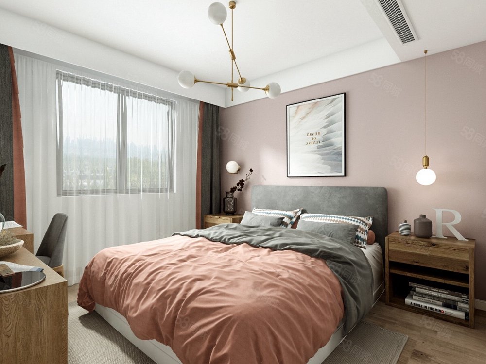 藕粉色的背景墙,搭配上橘粉色的床品,色彩相互呼应,营造出甜蜜的气息.