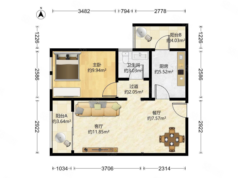 桐梓林欧城1室1厅1卫57.07㎡南北98万