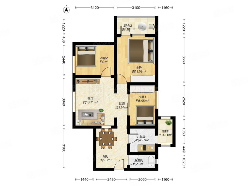 興辰大廈3室2廳1衛(wèi)98.04㎡西北265萬