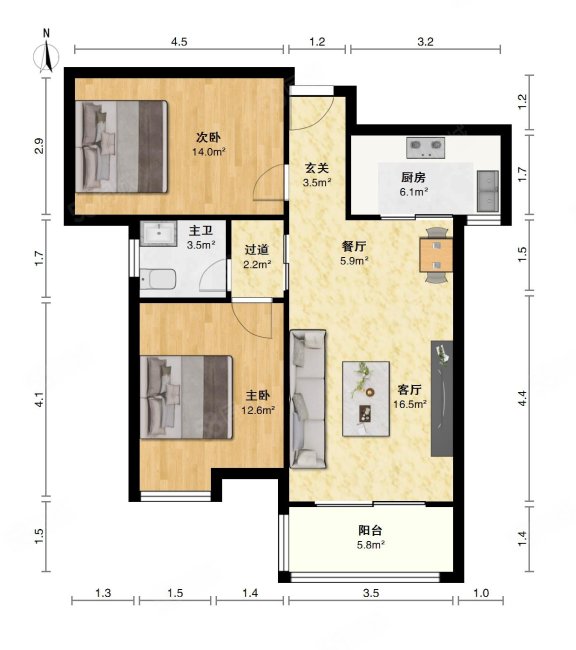 汇景新城(一期)2室2厅1卫91㎡南北80万