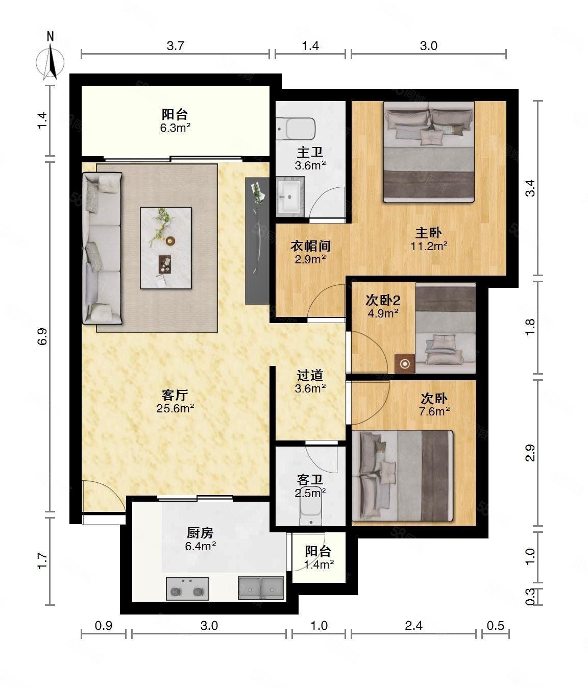 金沙半岛3室2厅2卫90.34㎡南北128万