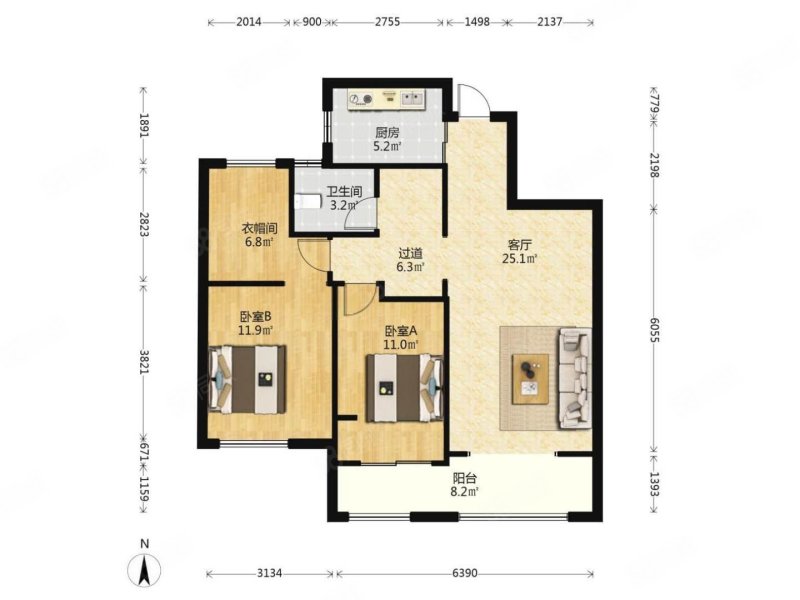 中铁逸都3室2厅1卫86.27㎡南北188万