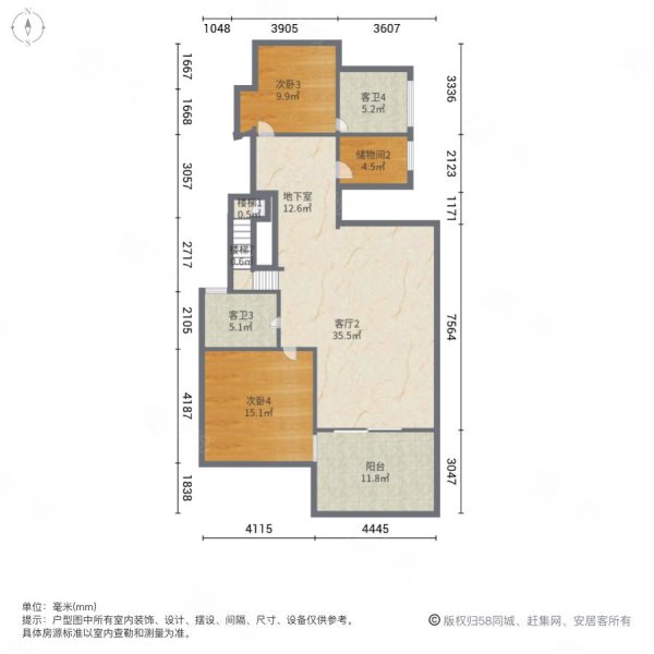 龙湖上第4室2厅3卫189㎡南1100万