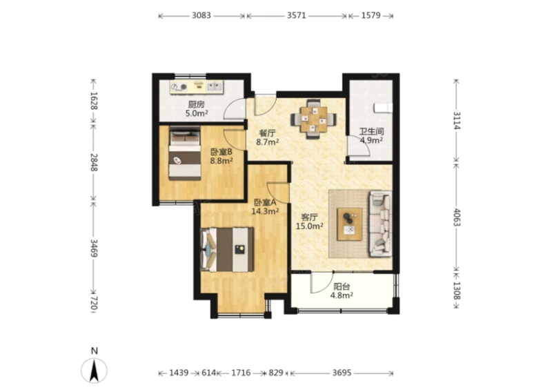 永嘉新居2室2厅1卫86.67㎡南北210万