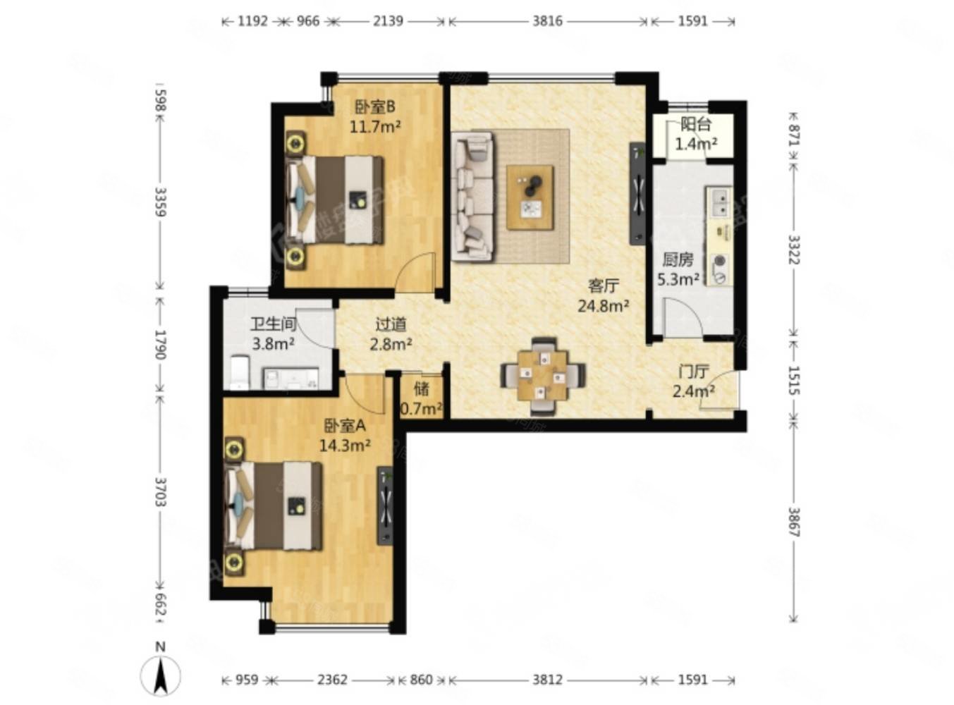 合生濱江帝景(二區(qū))2室2廳1衛(wèi)91.28㎡南北290萬