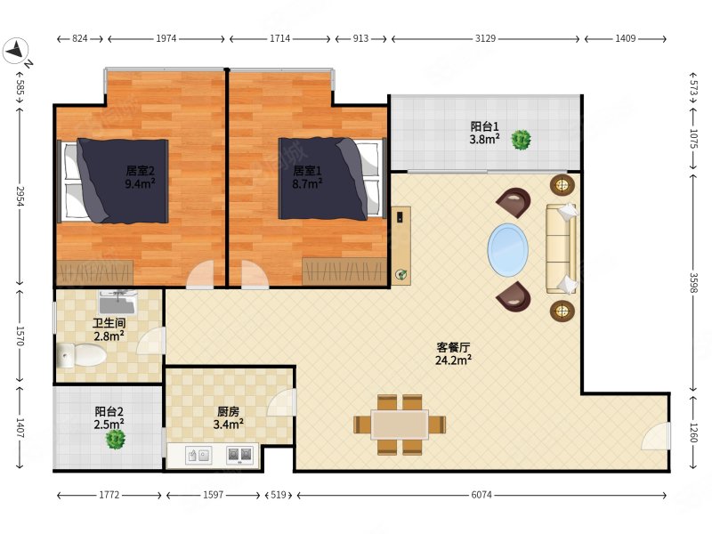 丹枫雅苑2室2厅1卫70.21㎡西南305万