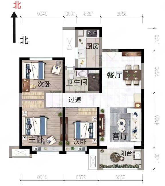 保利时光印象3室2厅1卫98.18㎡南北115万