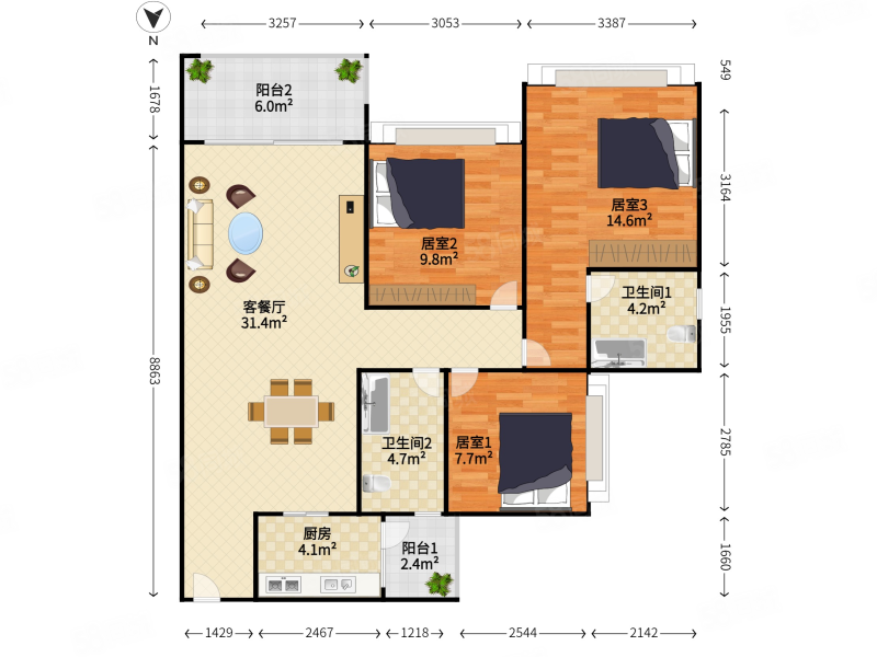 富元港景峰3室2厅2卫106.44㎡南北120万