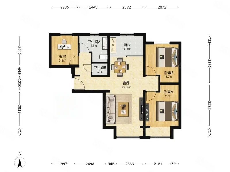 金域東郡3室2廳2衛(wèi)91.17㎡南北490萬