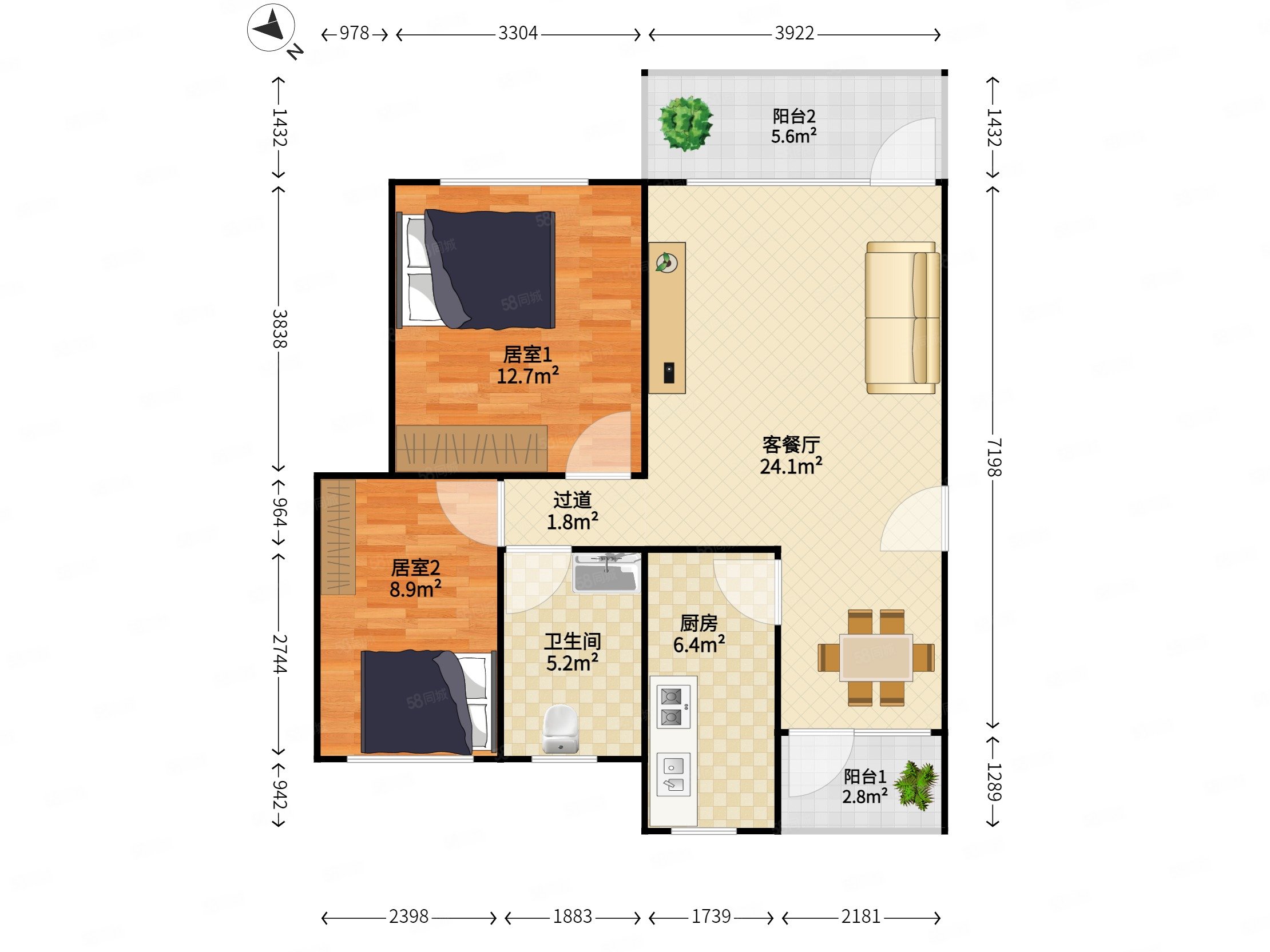 文汇花园2室2厅1卫81㎡南北379万