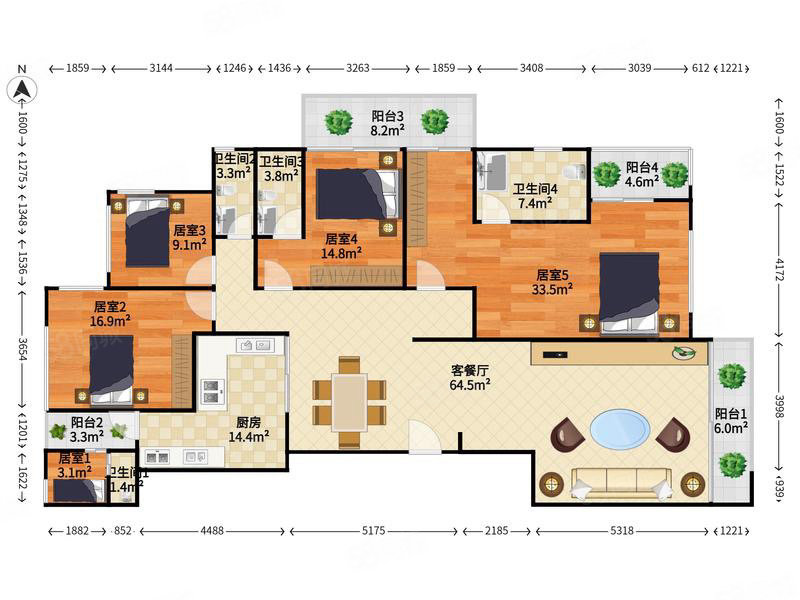 香榭里花园5室2厅4卫217.72㎡南北0万