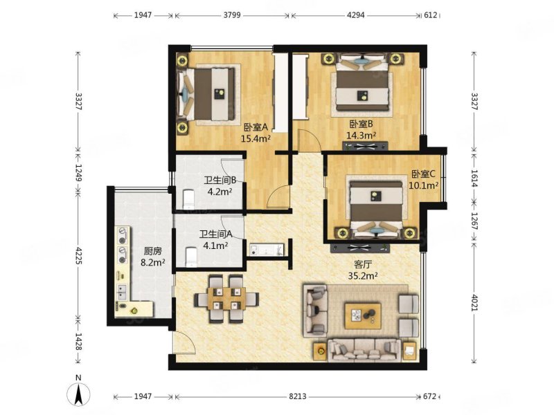 御岭春天三期3室2厅2卫107.53㎡南北120万