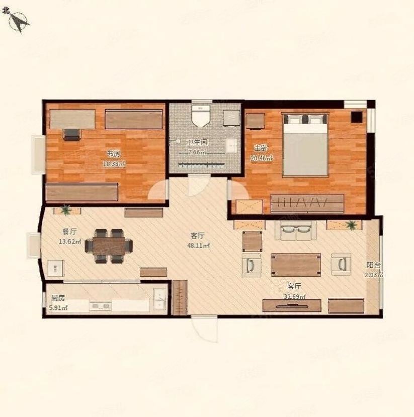 楼村花园(二期)3室1厅2卫93㎡南北104万