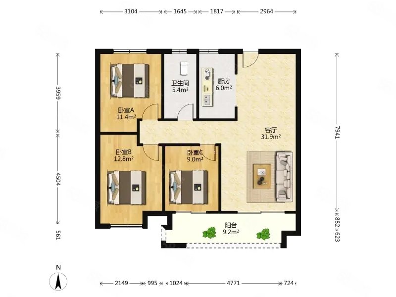 环球掌舵3室2厅1卫117㎡南北110万