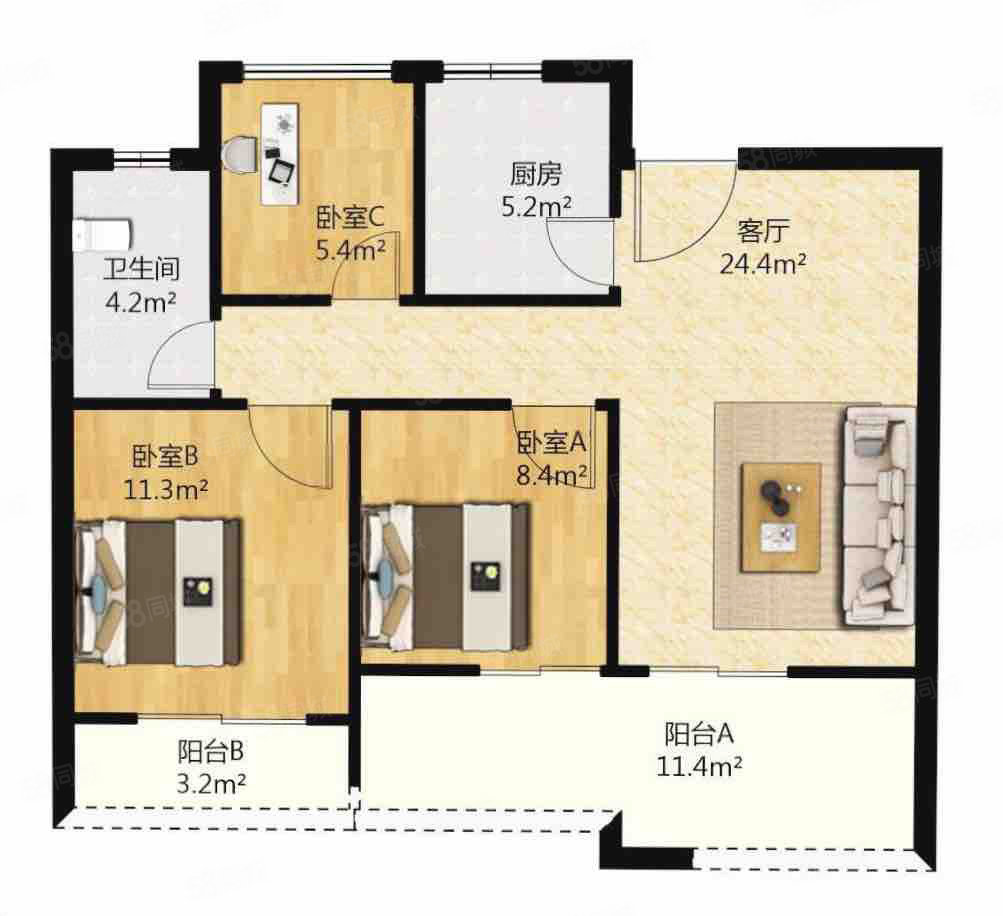 尼盛绿城春江明月3室2厅1卫90.63㎡南165万