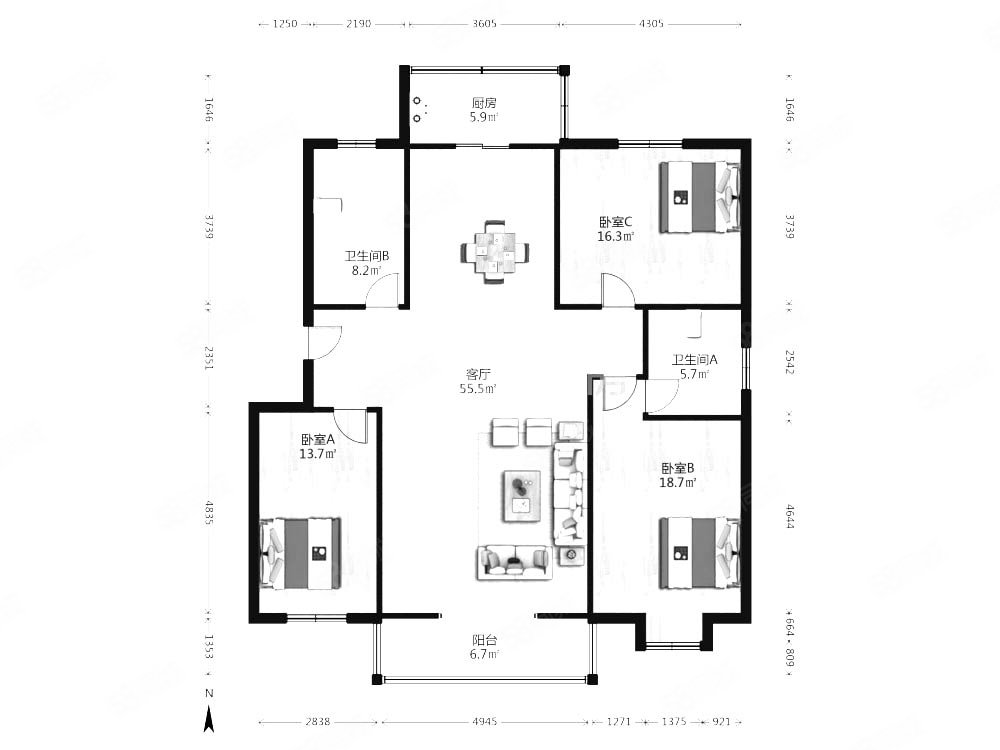 福源公寓(武清)3室2厅2卫166㎡南北93万