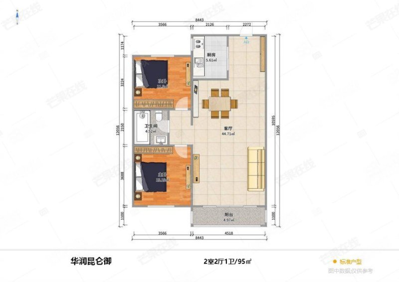 华润昆仑御2室2厅1卫94.96㎡南北150万