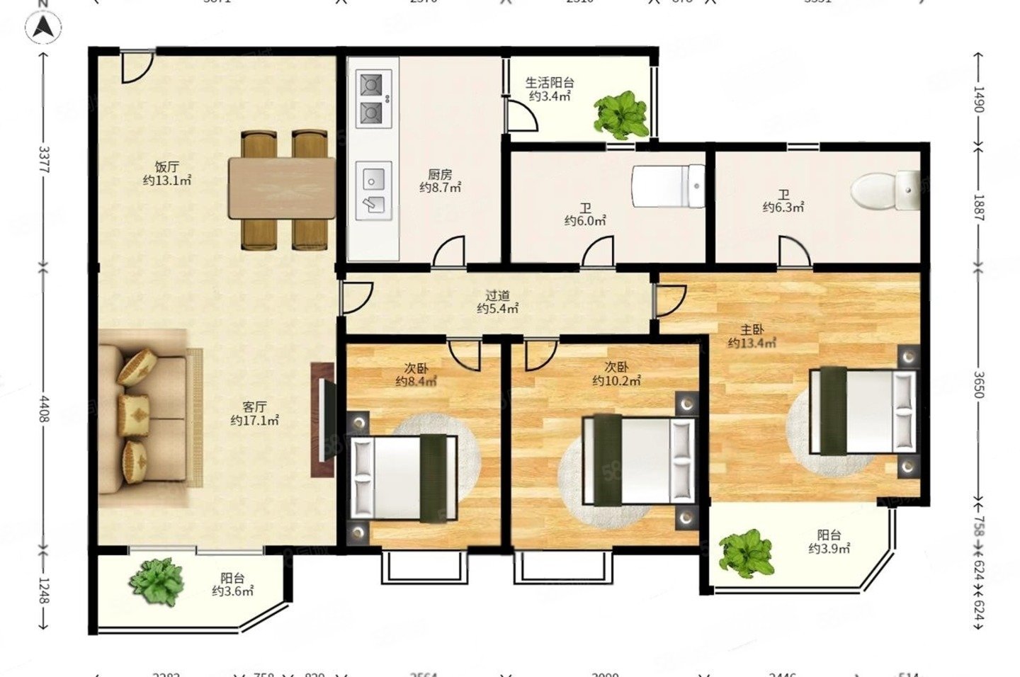 锦城花园3室2厅2卫129㎡东南0万