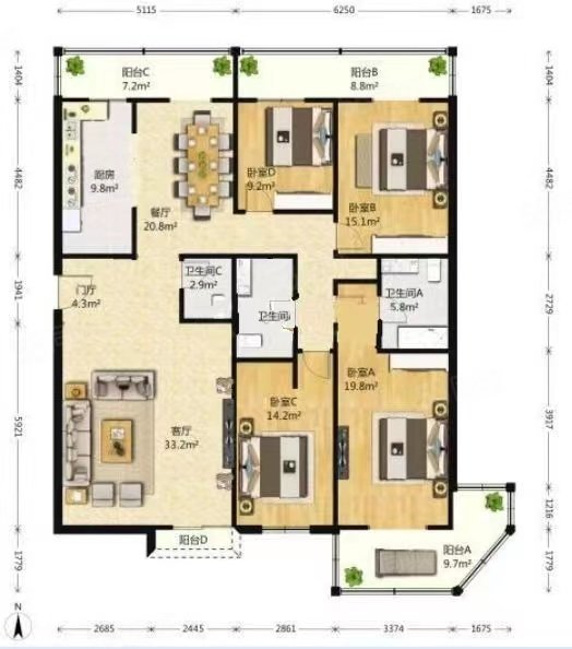 联宝公寓4室2厅3卫227㎡南北1500万