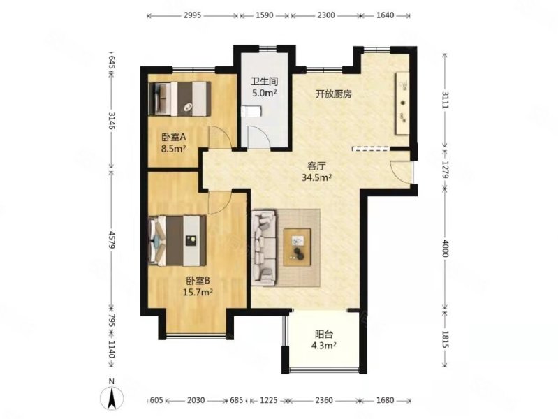 万科假日风景2室1厅1卫87.14㎡南北179万