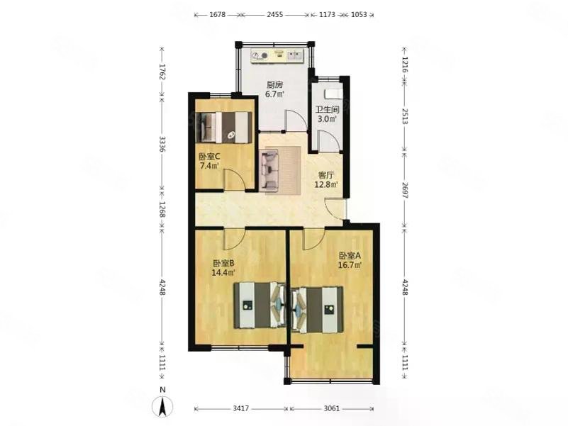 红旗里小区3室1厅1卫72.48㎡南北123万