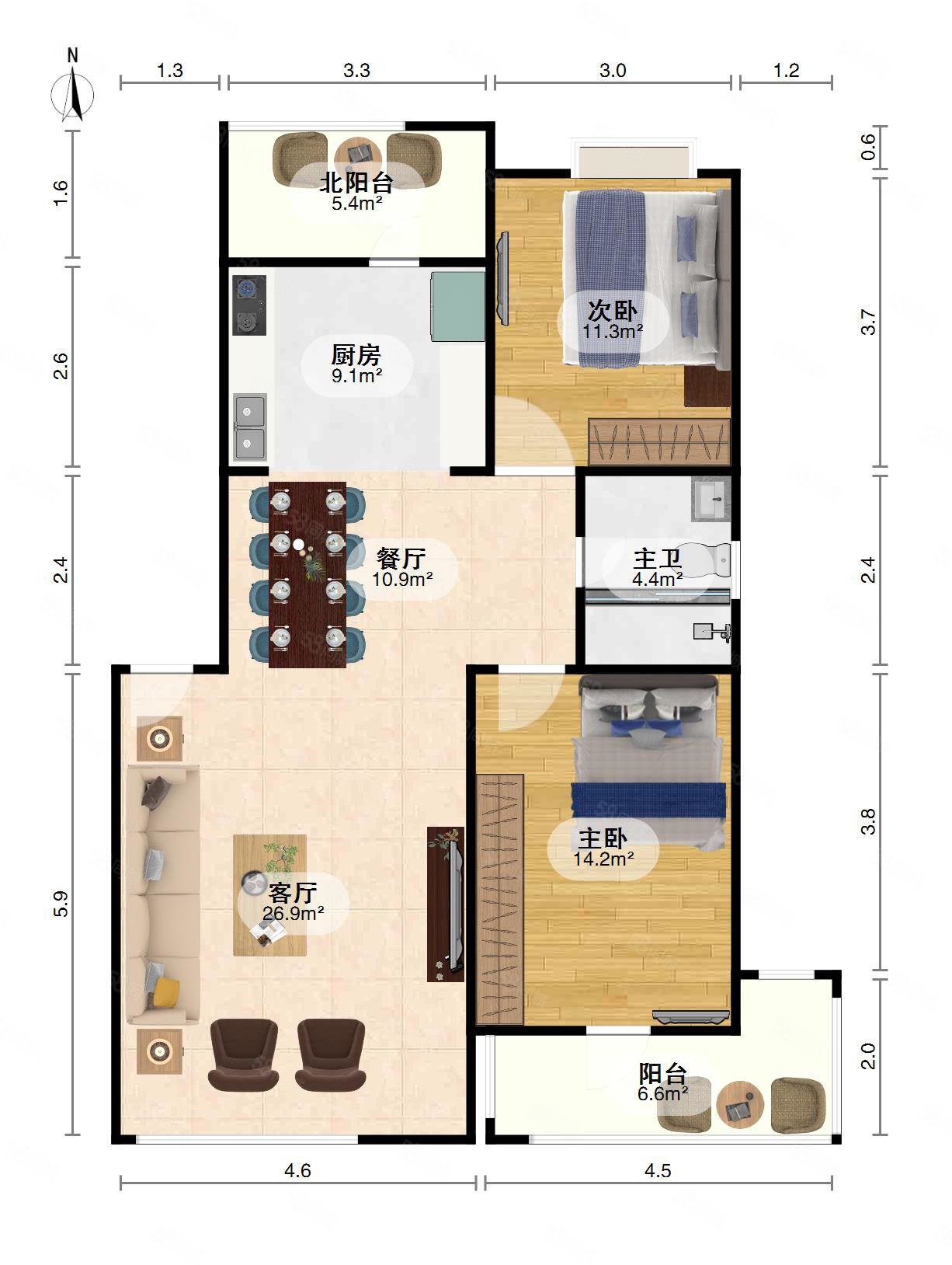 阳明锦城2室2厅1卫101.8㎡南北130万