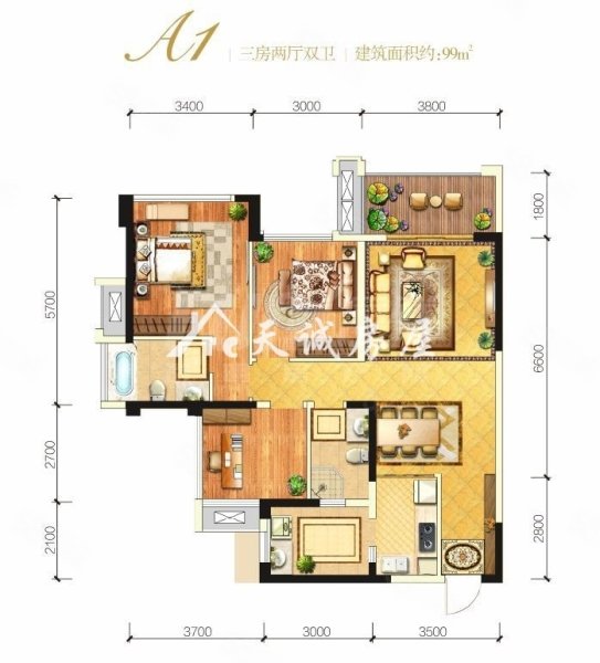 东湖印象二期3室2厅2卫105.34㎡南北88.8万