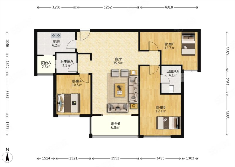 新希望锦悦北府3室2厅2卫117.38㎡南140万