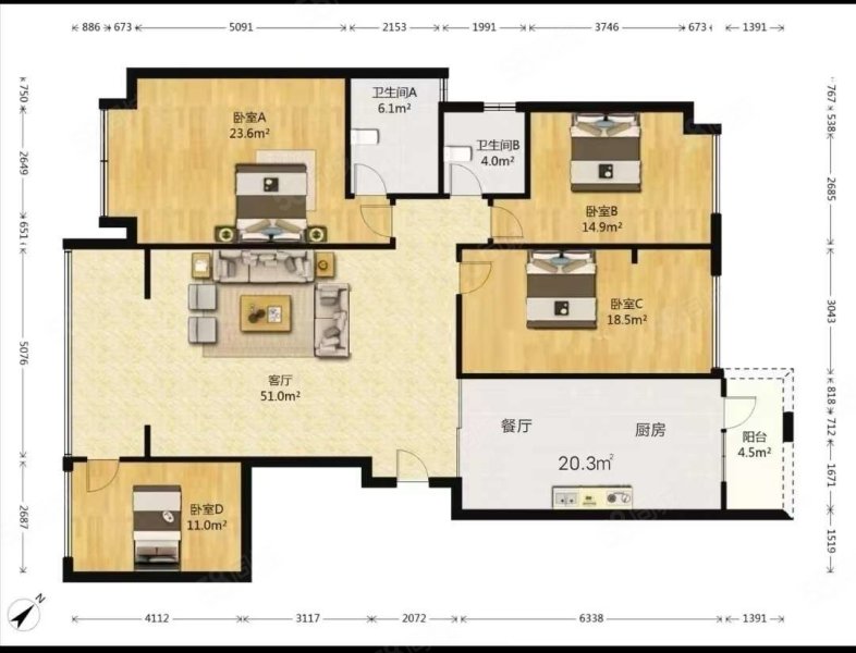 塔子山壹号4室2厅2卫159㎡西475万