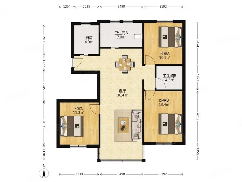 姑香苑3室2厅2卫107.95㎡南北227万